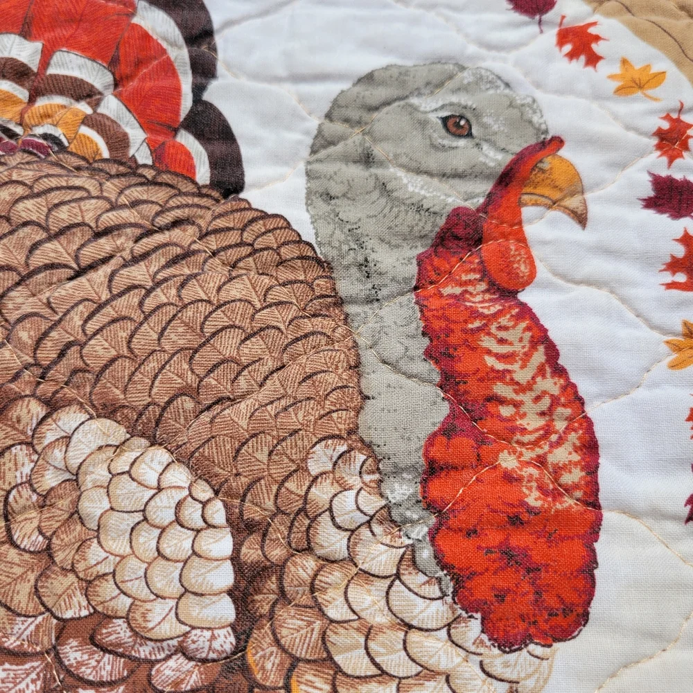 Quilted Turkey Placemats (6) Handmade Autumn Theme Leaves Farmhouse Cottage